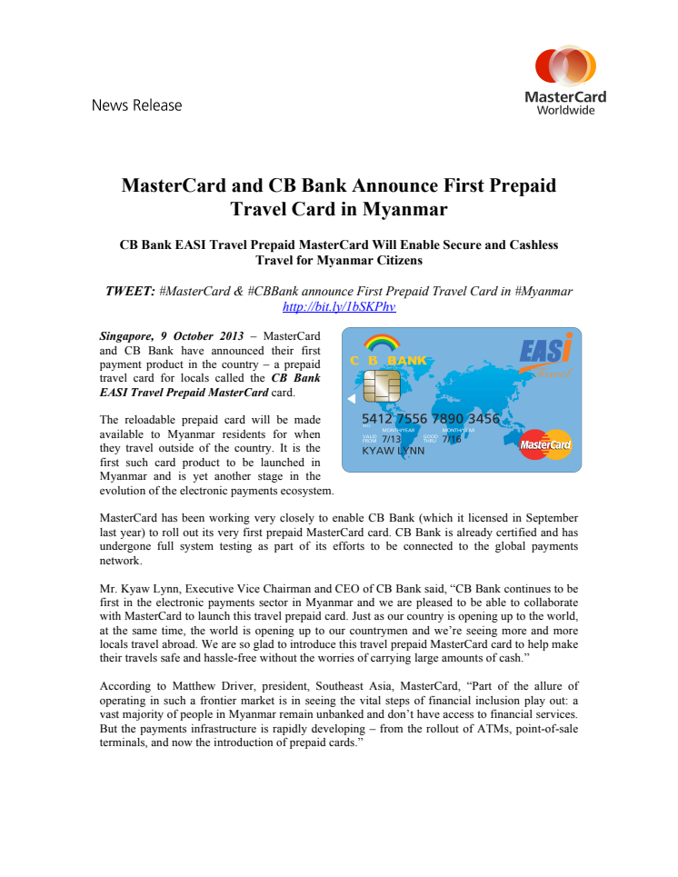 MasterCard and CB Bank Announce First Prepaid Travel Card in Myanmar