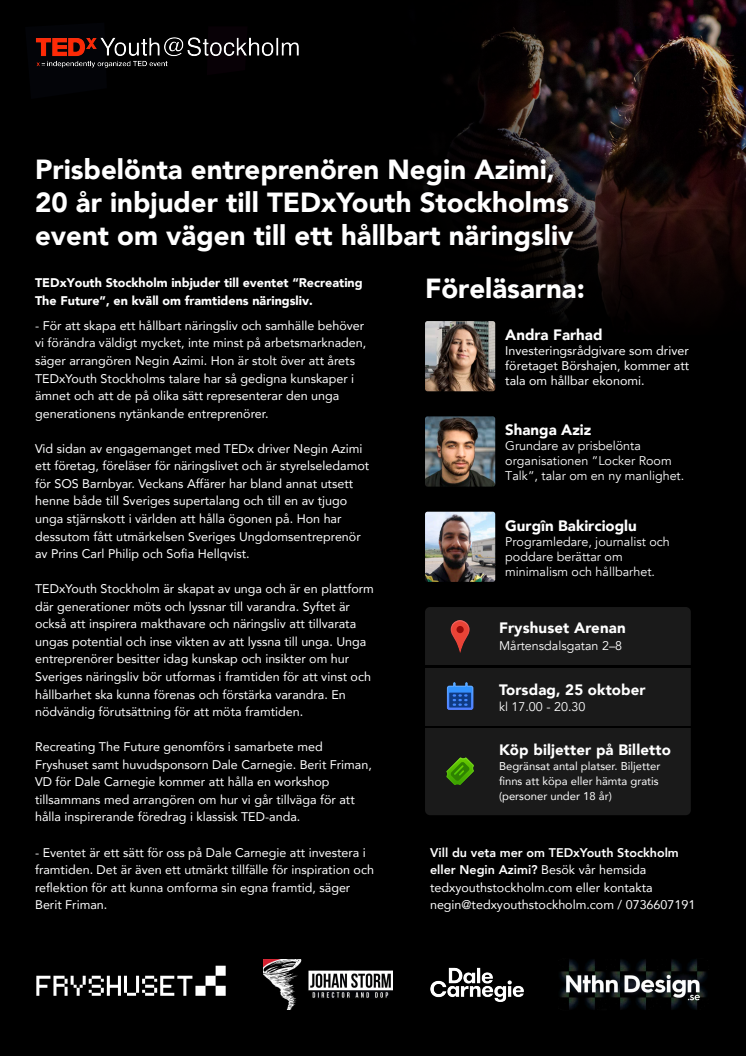 Prisbelönta entreprenören Negin Azimi, 20 år, inbjuder till TEDxYouth Stockholms event om vägen till ett hållbart näringsliv