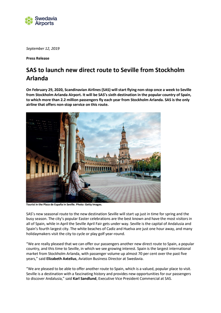 SAS to launch new direct route to Seville from Stockholm Arlanda