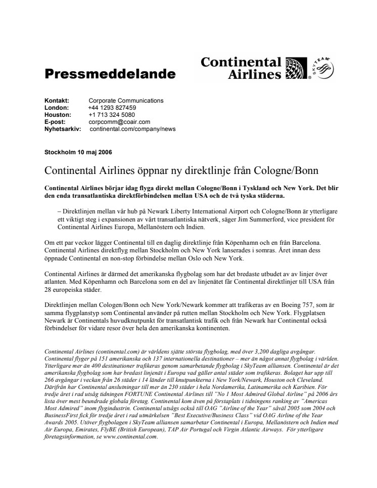 Continental Airlines öppnar ny direktlinje från Cologne/Bonn