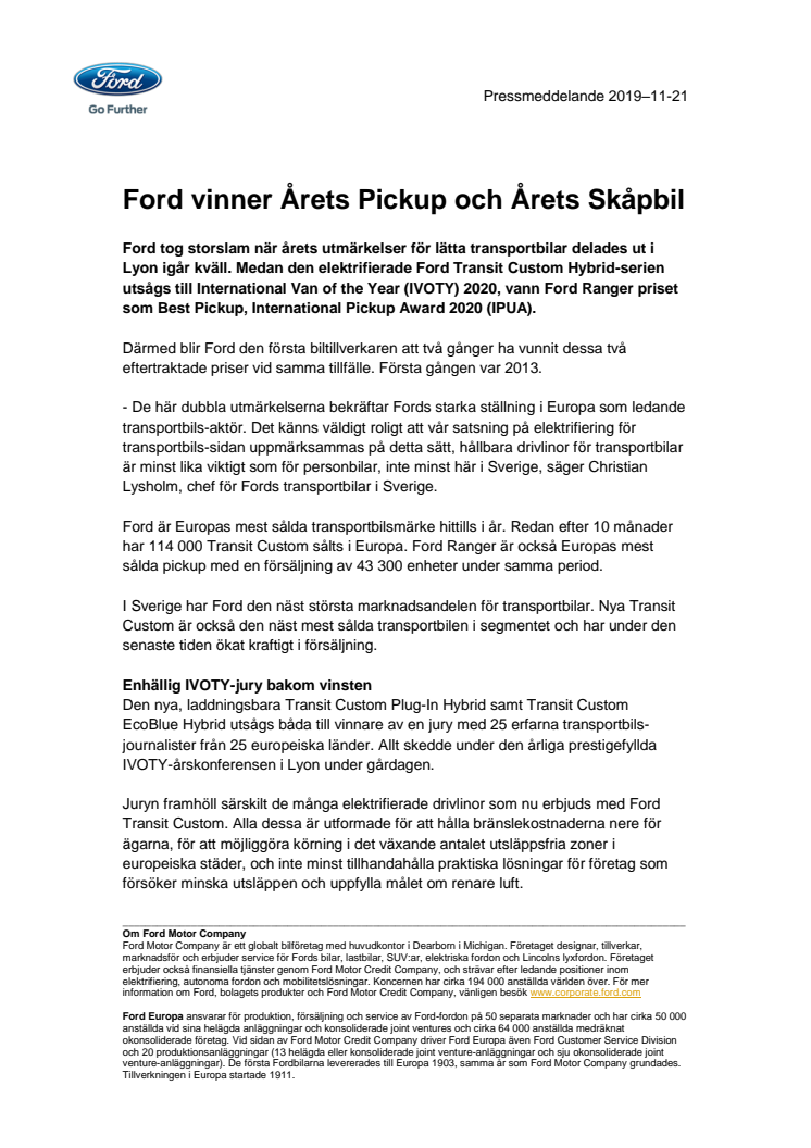 Ford vinner Årets Transportbil och Årets Pickup