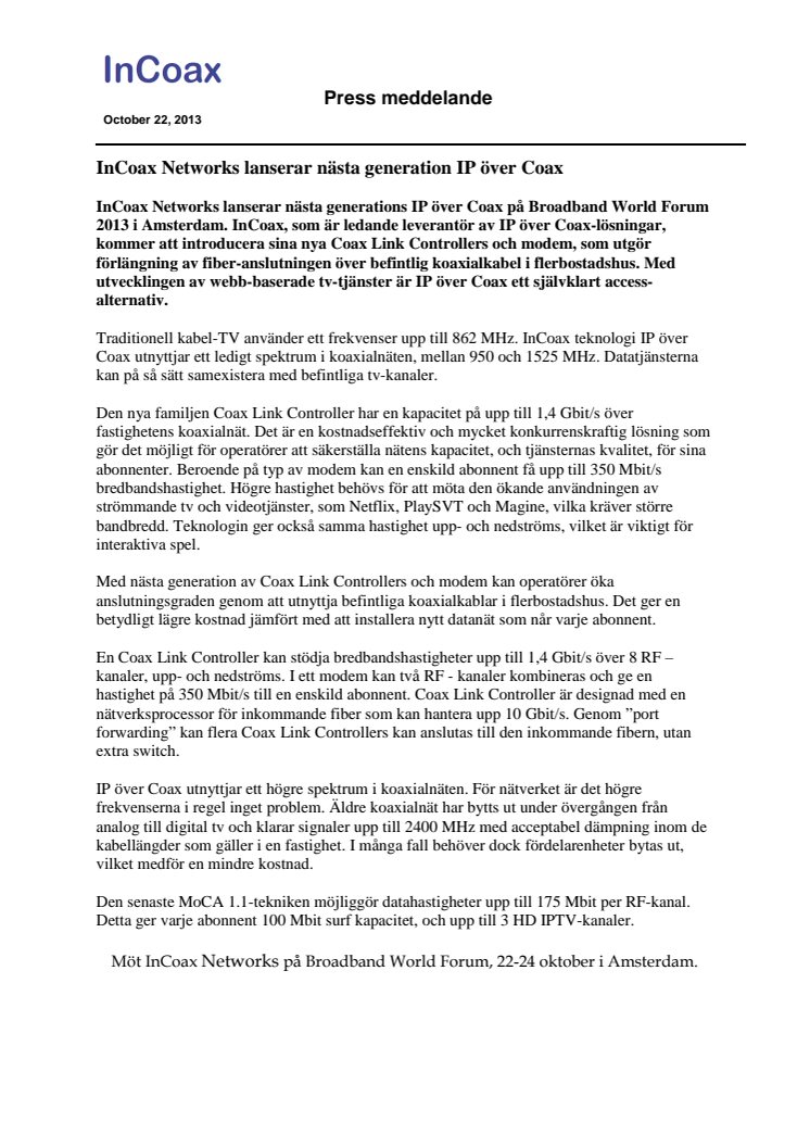 InCoax Networks lanserar nästa generation IP över Coax