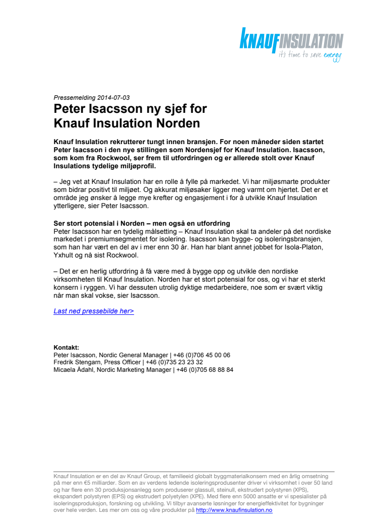 Peter Isacsson ny sjef for  Knauf Insulation Norden