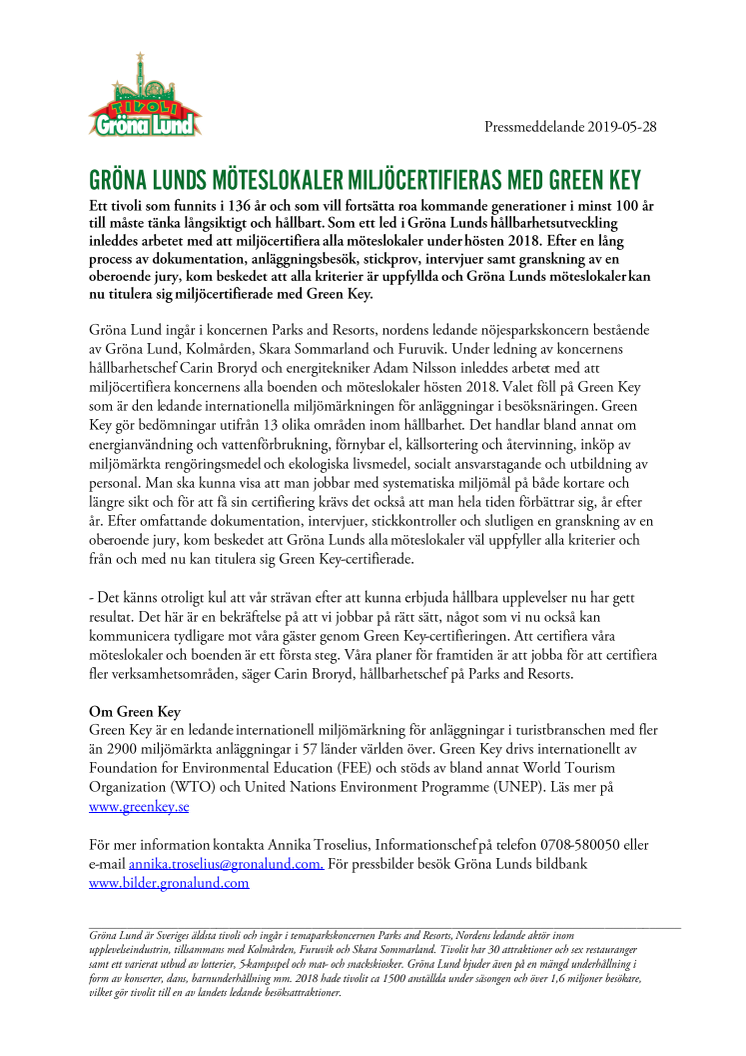 Gröna Lunds möteslokaler miljöcertifieras med Green Key