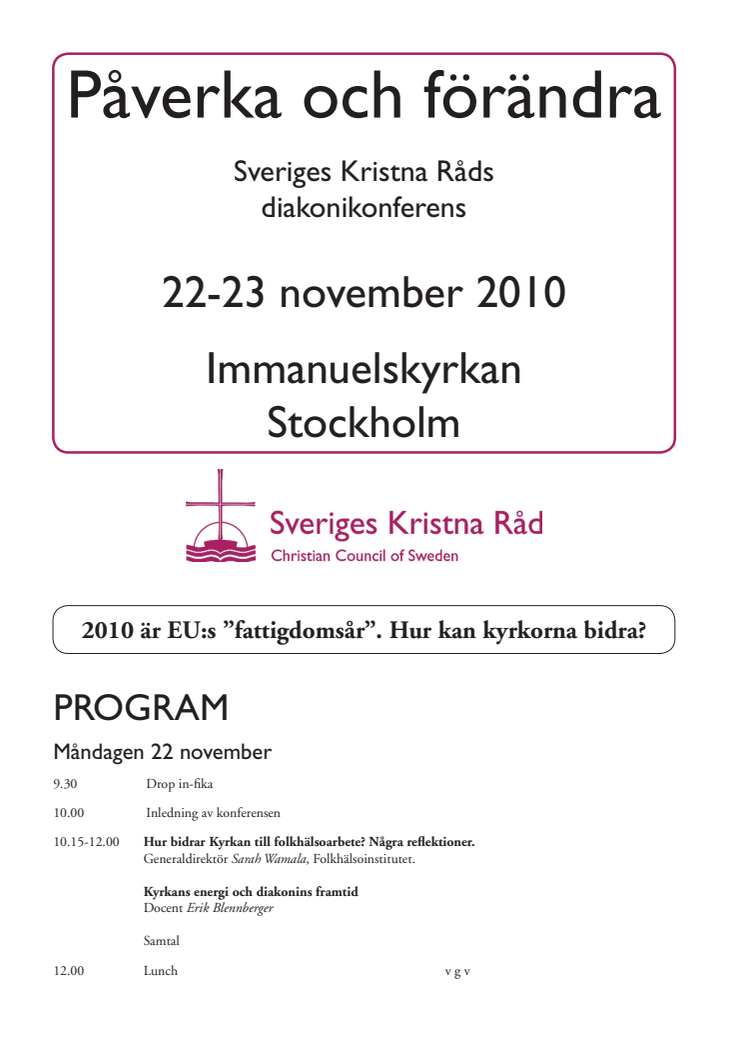 Program för Sveriges Kristna Råds diakonikonferens 22-23 november 