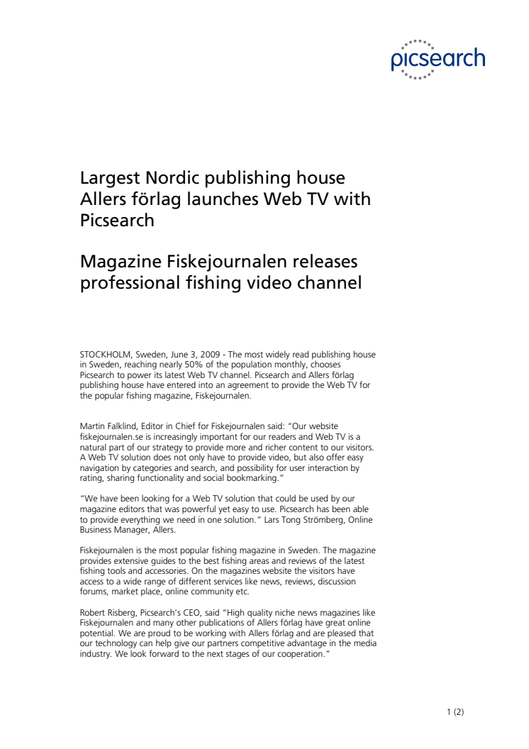 Largest Nordic publishing house Allers förlag launches Web TV with Picsearch - Magazine Fiskejournalen releases professional fishing video channel