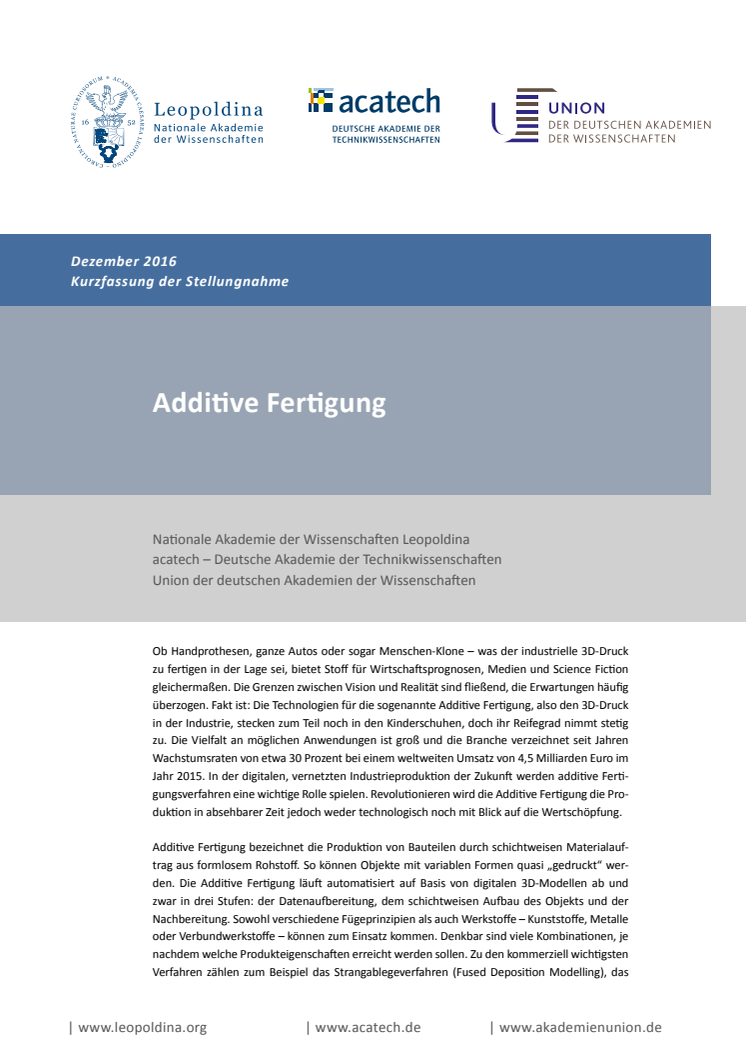 Kurzfassung der Stellungnahme Additive Fertigung