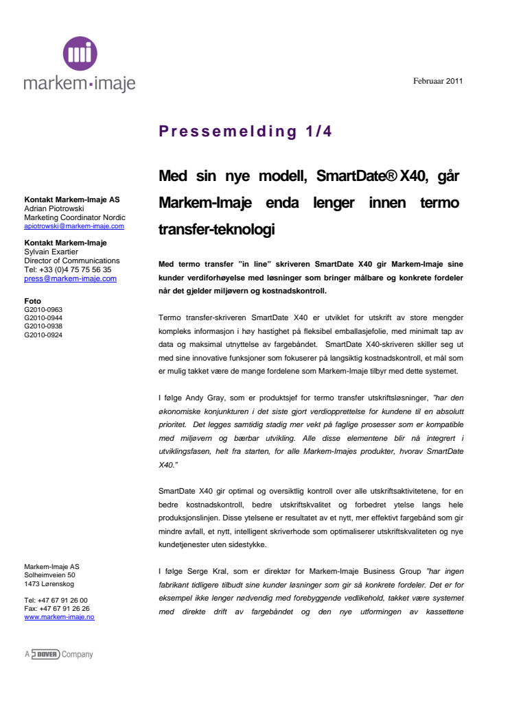 Med sin nye modell, SmartDate® X40, går Markem-Imaje enda lenger innen termo transfer-teknologi