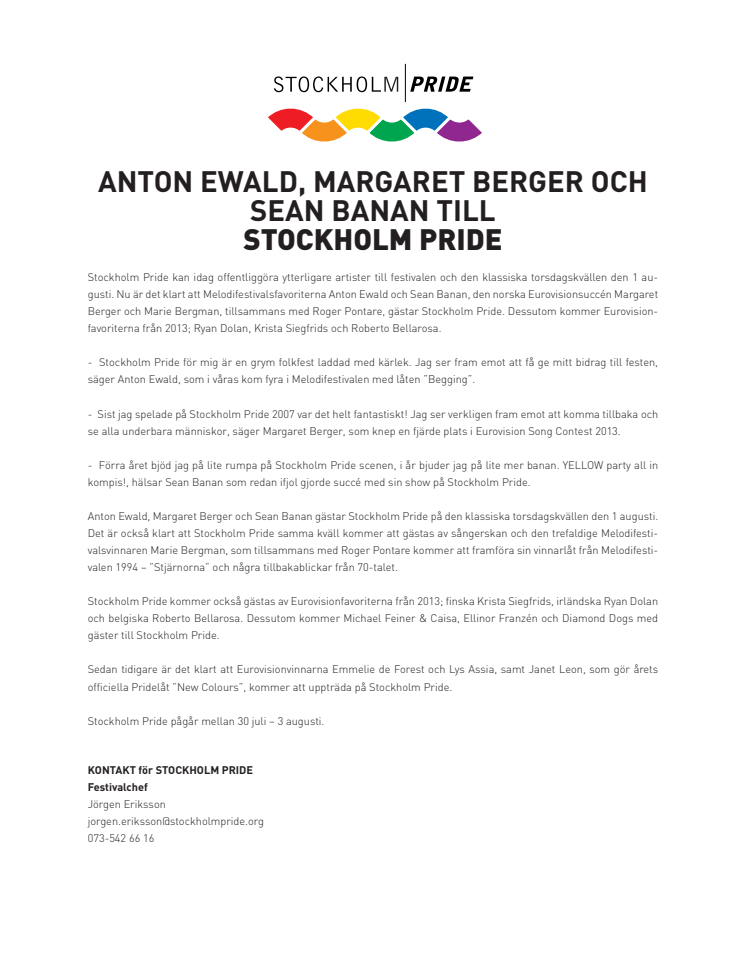 Anton Ewald, Margaret Berger och Sean Banan till Stockholm Pride
