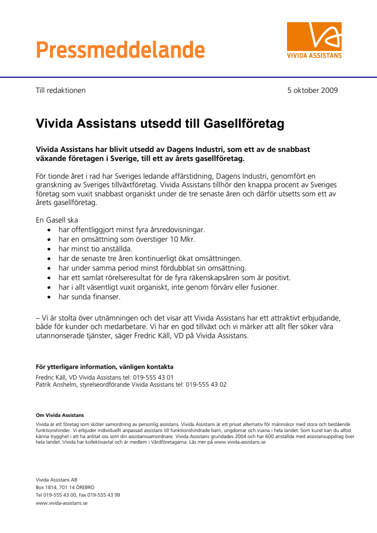 Vivida Assistans utsedd till Gasellföretag