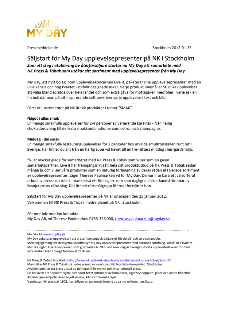 Säljstart för My Day upplevelsepresenter på NK i Stockholm