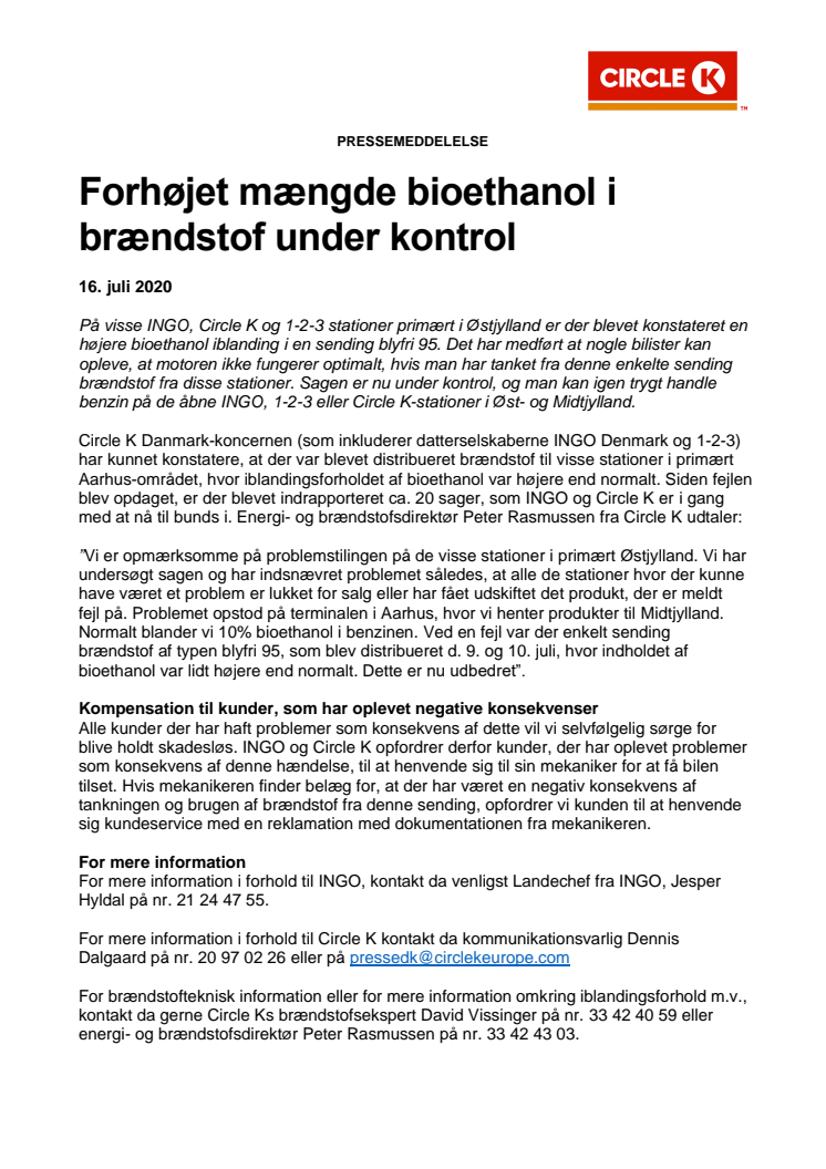 Forhøjet mængde bioethanol i brændstof under kontrol