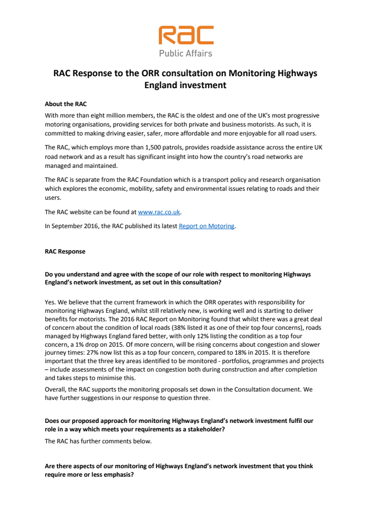 RAC response to ORR consultation on monitoring Highways England investments