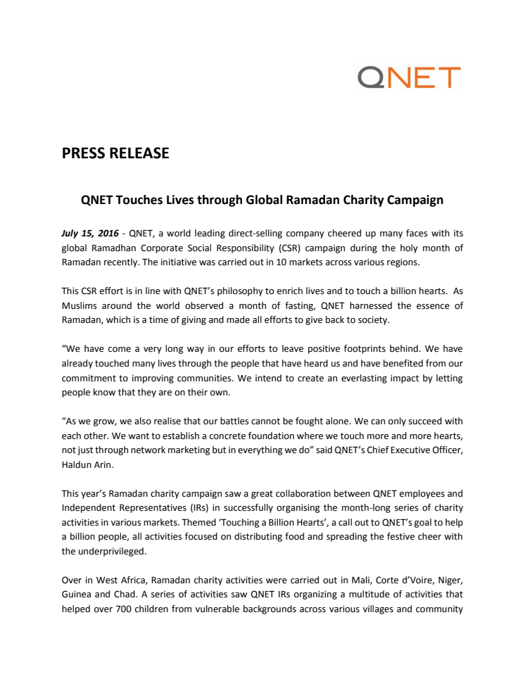 QNET Touches Lives through Global Ramadan Charity Campaign