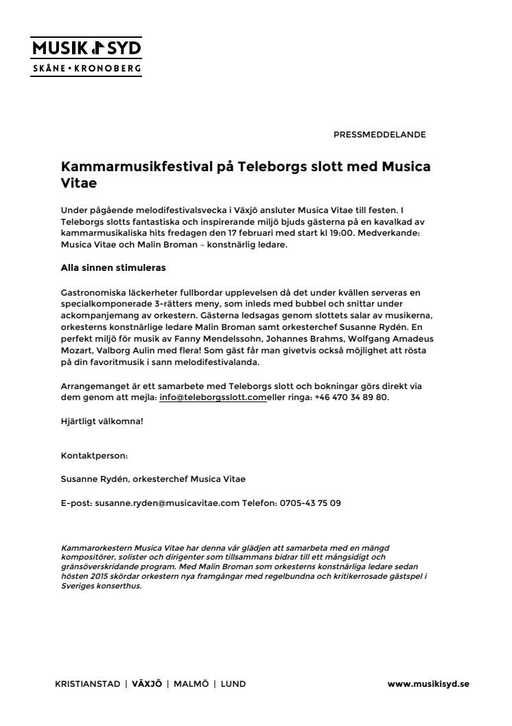 Kammarmusikfestival på Teleborgs slott med Musica Vitae