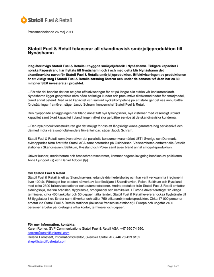 Statoil Fuel & Retail fokuserar all skandinavisk smörjoljeproduktion till Nynäshamn