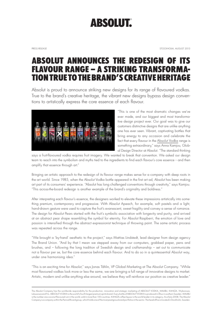 ABSOLUT ANNOUNCES THE REDESIGN OF ITS FLAVOUR RANGE – A STRIKING TRANSFORMATION TRUE TO THE BRAND’S CREATIVE HERITAGE