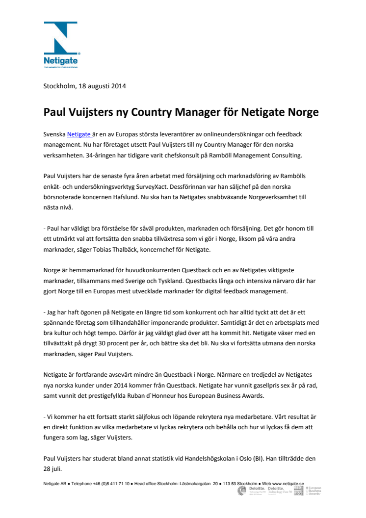 Paul Vuijsters ny Country Manager för Netigate Norge