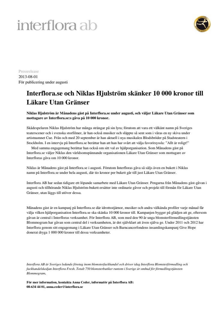 Interflora.se och Niklas Hjulström skänker 10 000 kronor till Läkare Utan Gränser