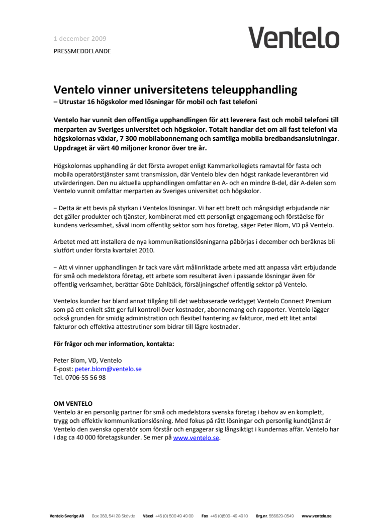 Ventelo vinner universitetens teleupphandling – Utrustar 16 högskolor med lösningar för mobil och fast telefoni