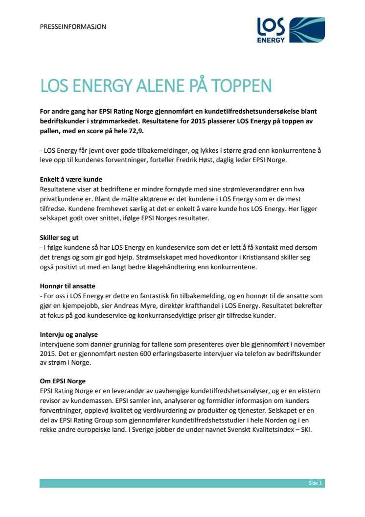LOS Energy alene på toppen