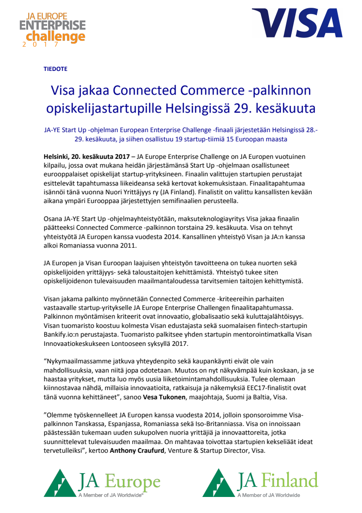 Visa jakaa Connected Commerce -palkinnon opiskelijastartupille Helsingissä 29. kesäkuuta