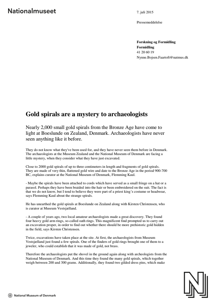 Press release in English: Gold spirals are a mystery to archaeologists