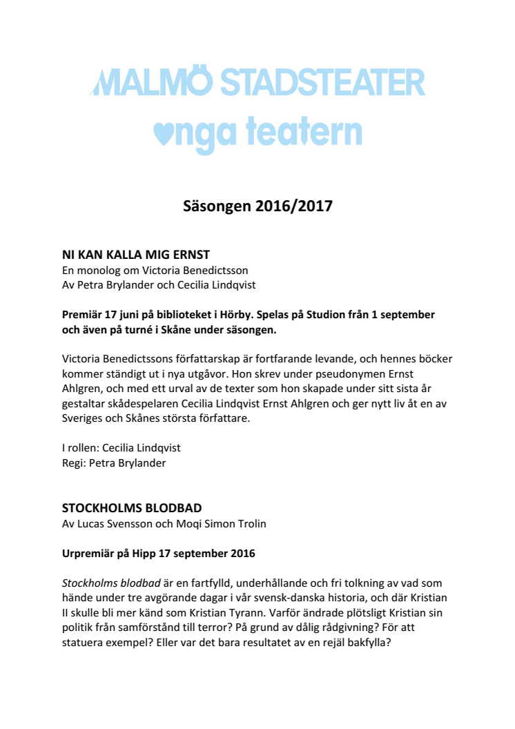 Malmö Stadsteaters repertoar 2016-2017