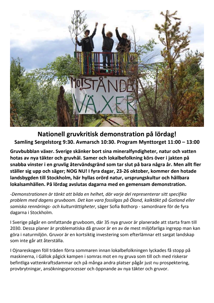 Nationell gruvkritisk demonstration på lördag! Samling Sergelstorg 9:30. Avmarsch 10:30. Mynttorget 11:00–13:00