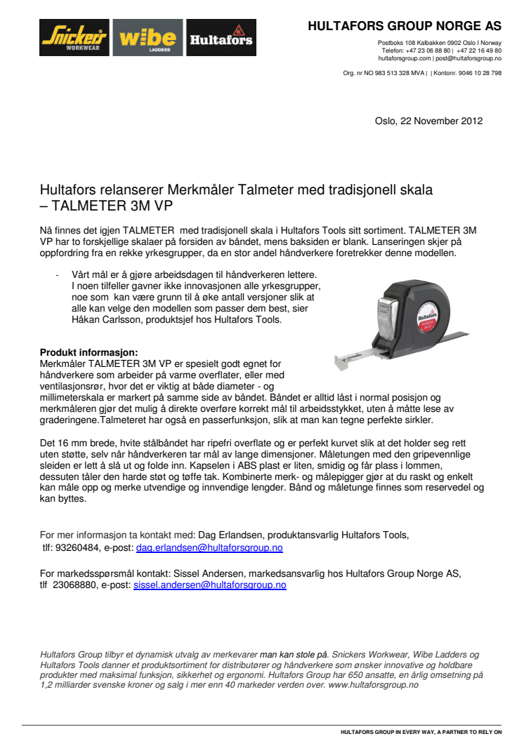 Hultafors relanserer Merkmåler Talmeter med tradisjonell skala  - TALMETER 3M VP