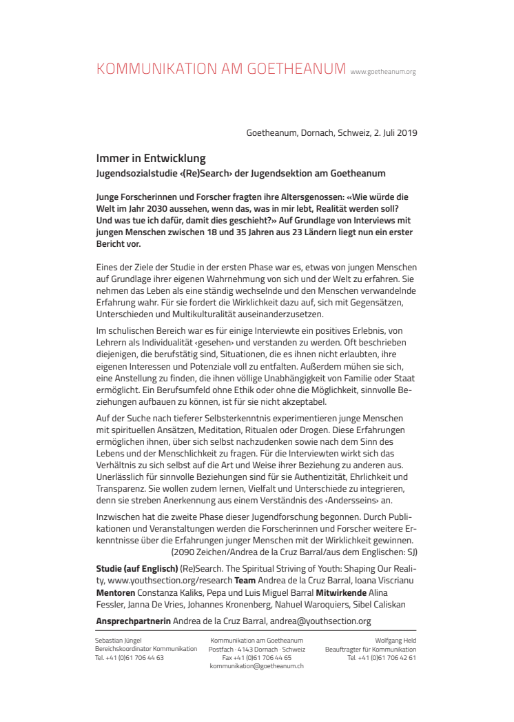 Immer in Entwicklung. ​Jugendsozialstudie ‹(Re)Search› der Jugendsektion am Goetheanum