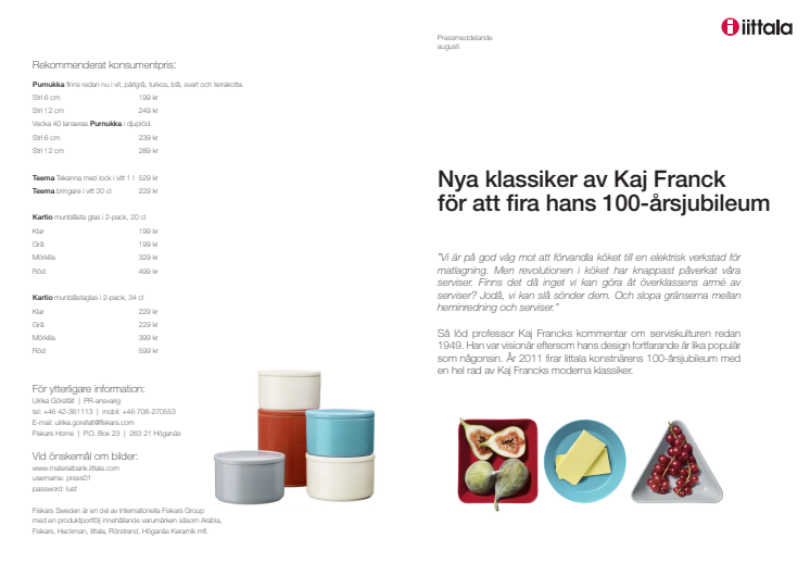 Iittala lanserar klassiker till minne av Kaj Franck