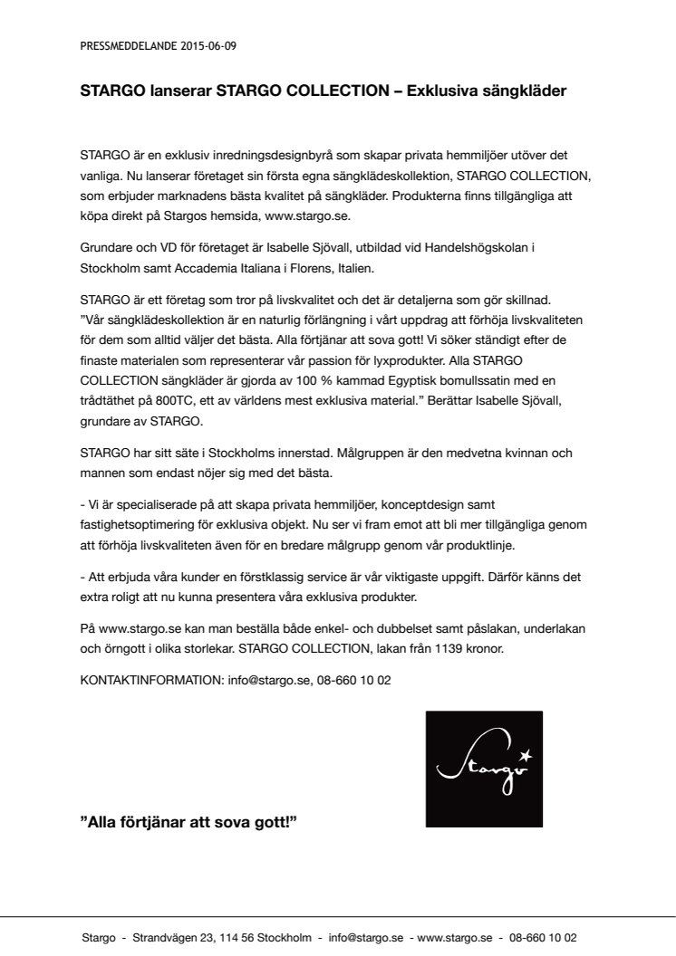 STARGO lanserar STARGO COLLECTION – Exklusiva sängkläder