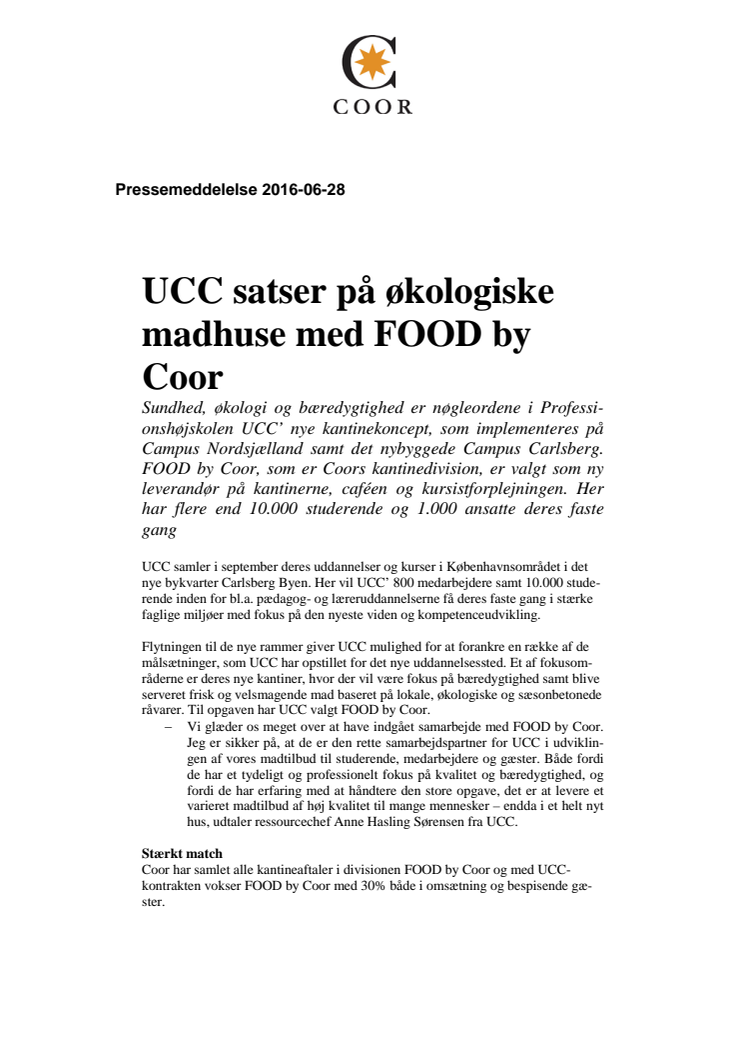 UCC satser på økologiske madhuse med FOOD by Coor