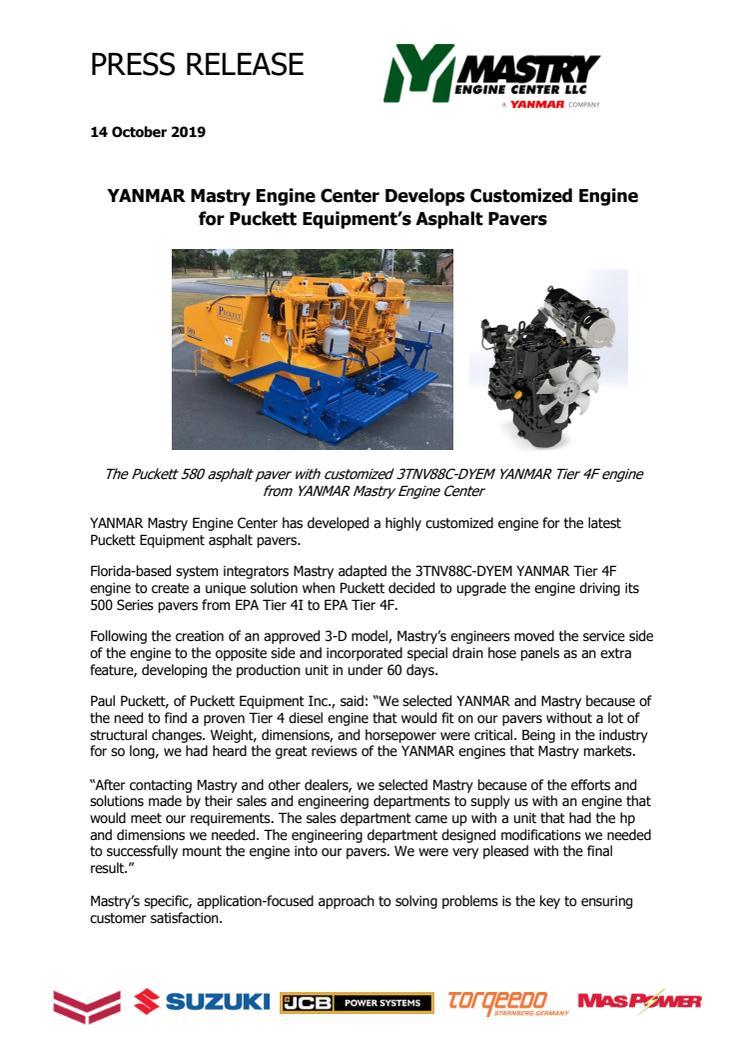 YANMAR Mastry Engine Center Develops Customized Engine for Puckett Equipment’s Asphalt Pavers