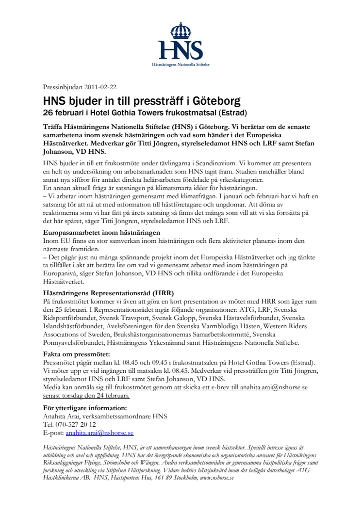 HNS bjuder in till pressträff i Göteborg - 26 februari i Hotel Gothia Towers frukostmatsal (Estrad)