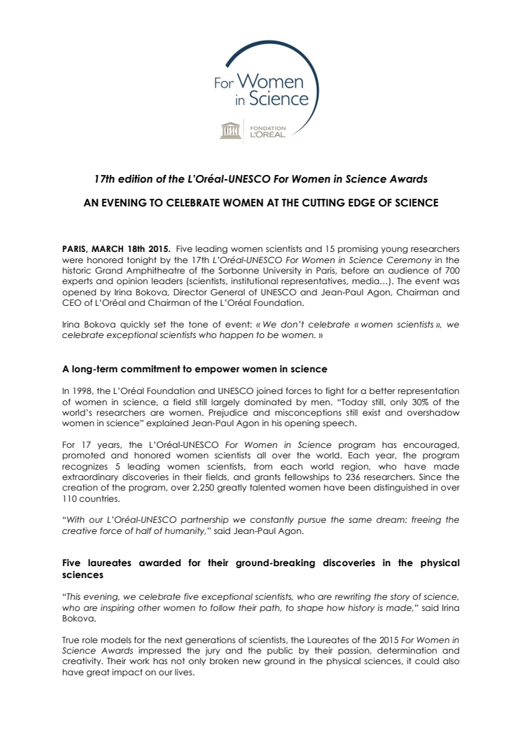 Hæder til excellente forskere i L'Oréal-UNESCO For Women in Science programmet