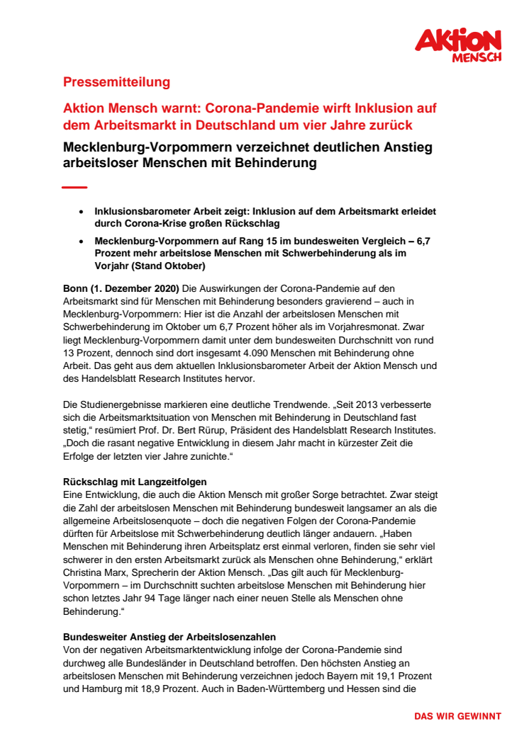 Inklusionsbarometer Arbeit / Mecklenburg-Vorpommern