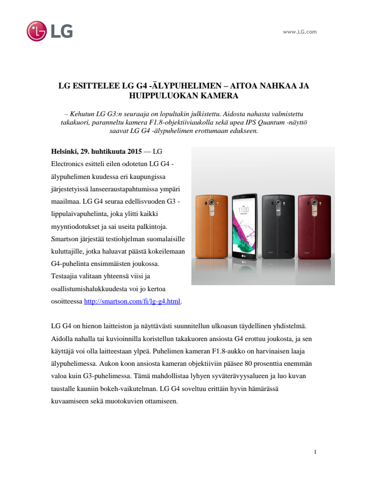 LG ESITTELEE LG G4 -ÄLYPUHELIMEN – AITOA NAHKAA JA HUIPPULUOKAN KAMERA