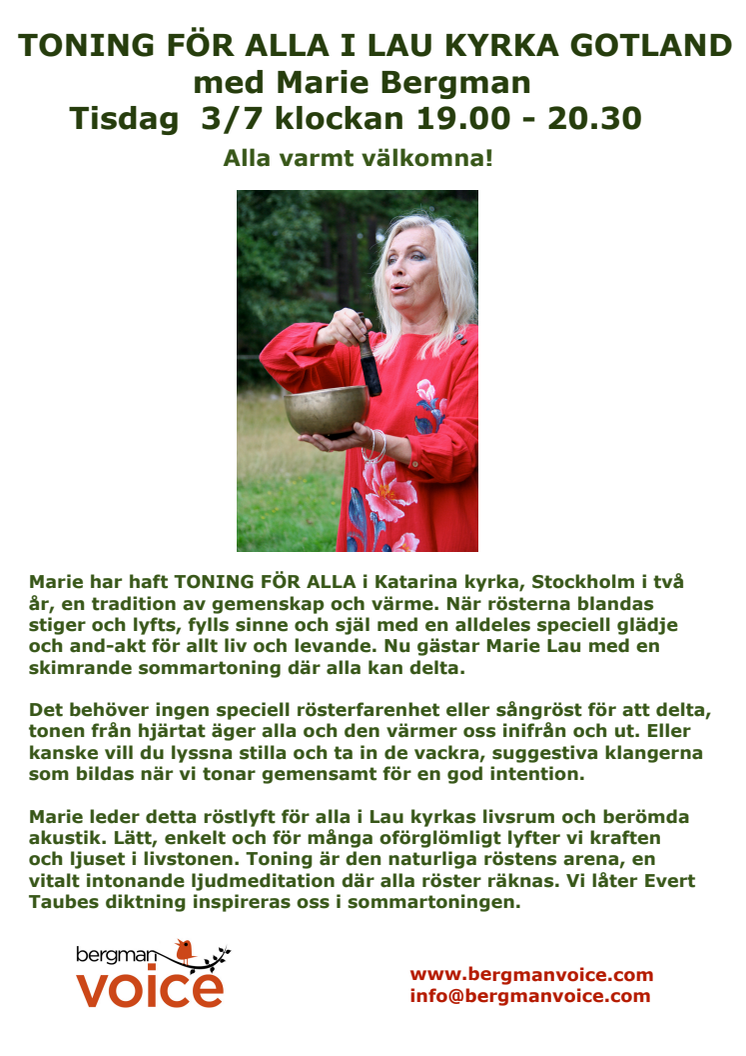 Almedalsveckan - Toning i Lau kyrka med Marie Bergman 3/7 kl. 19.00