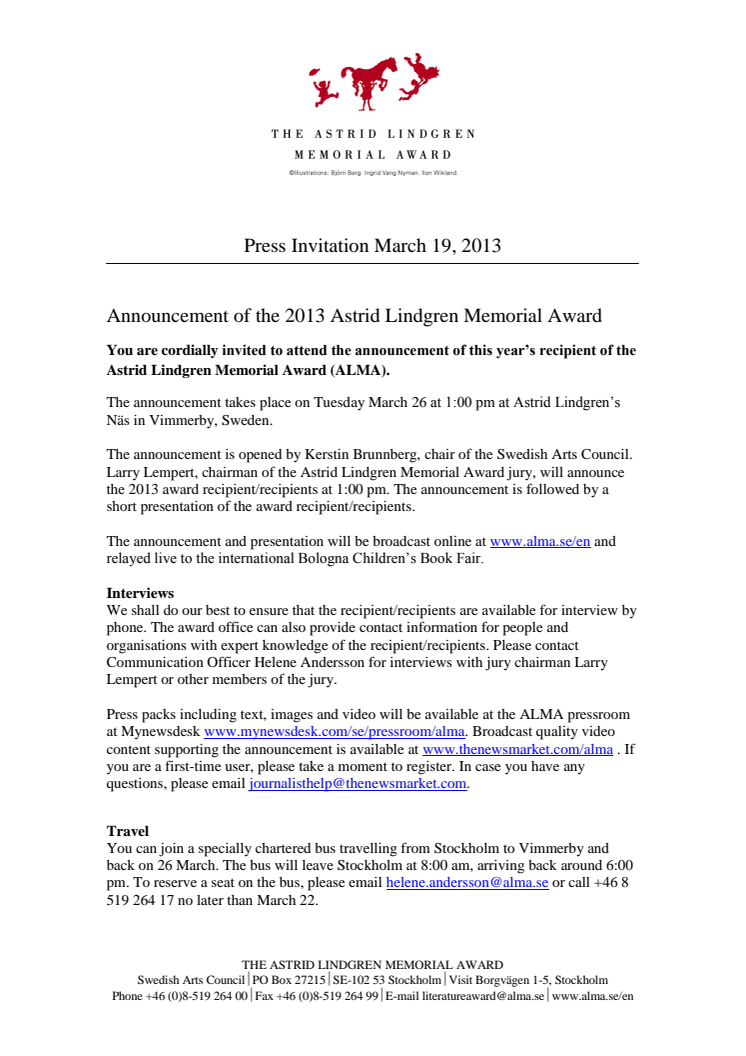 Press Invitation: Announcement of the 2013 Astrid Lindgren Memorial Award