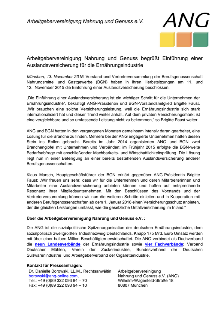 Arbeitgebervereinigung Nahrung und Genuss begrüßt Einführung einer Auslandsversicherung für die Ernährungsindustrie