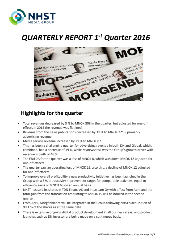 NHST Media Group - Quarterly Report 1st quarter 2016