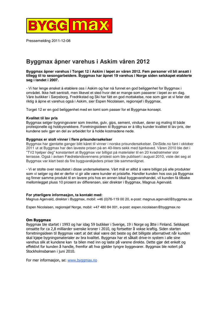 Byggmax åpner varehus i Askim våren 2012