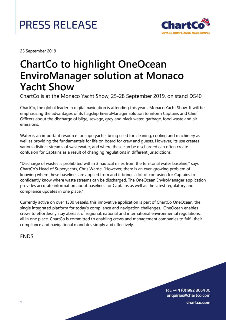 ChartCo to highlight OneOcean EnviroManager solution at Monaco Yacht Show