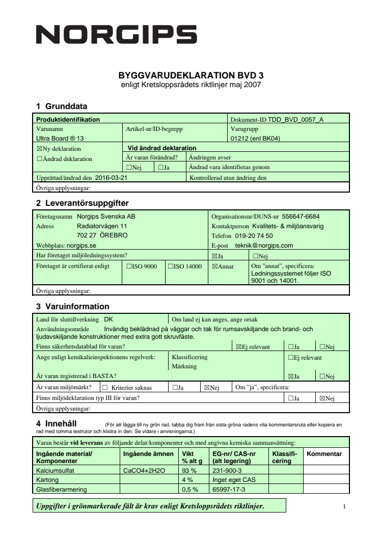 Byggvarudeklaration Norgips Ultra Board®