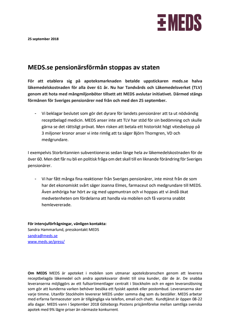 MEDS.se pensionärsförmån stoppas av staten