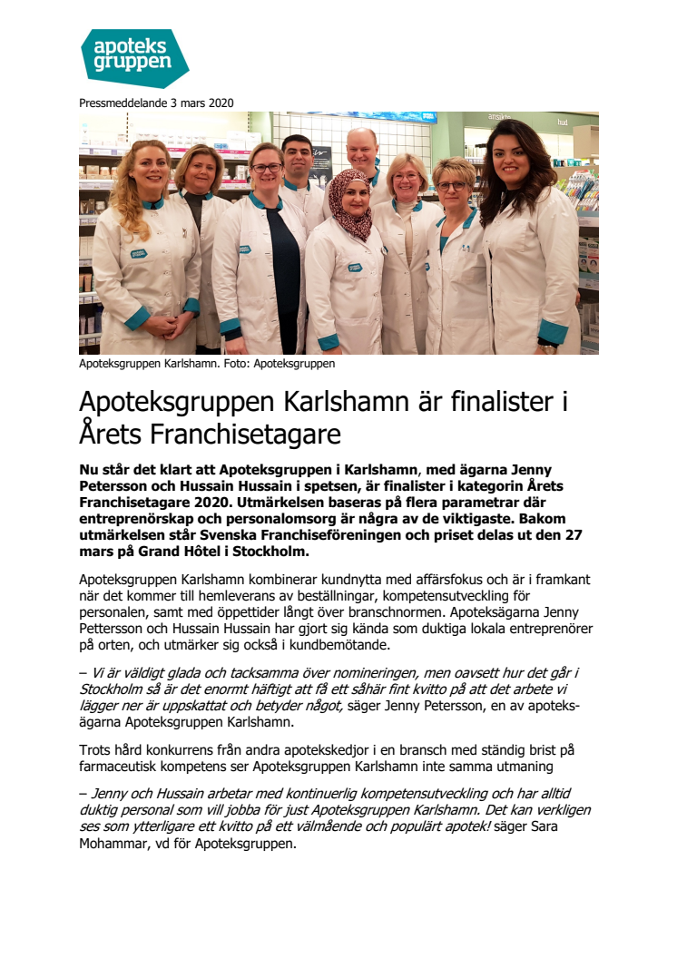 Apoteksgruppen Karlshamn är finalister i Årets Franchisetagare 