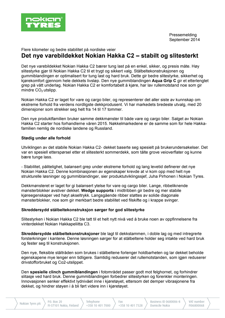 Det nye varebildekket Nokian Hakka C2 – stabilt og slitesterkt