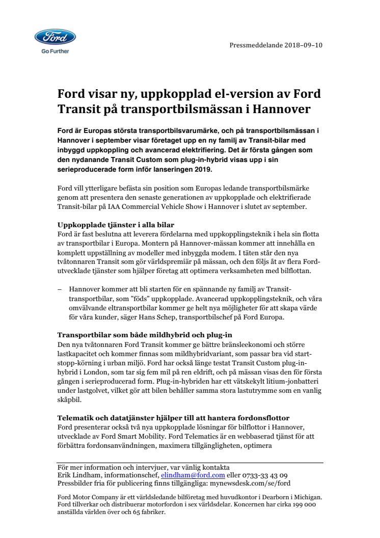 Ford visar ny, uppkopplad el-version av Ford Transit på transportbilsmässan i Hannover